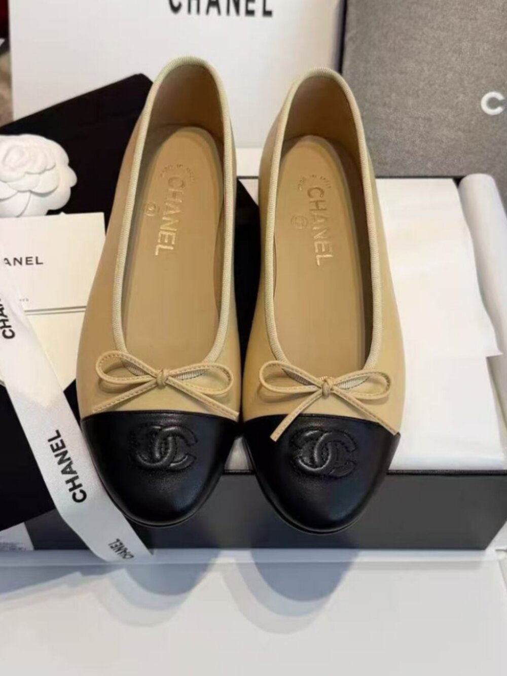 CHANEL Beige Black Cap Toe CC Logo Ballet Shoes